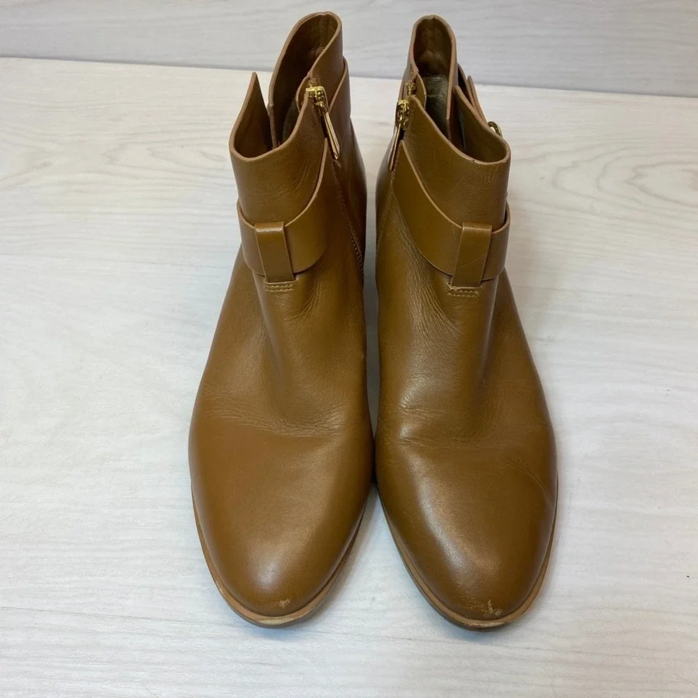 Michael Kors Womens 10M Ankle Boots Leather MK Buckle Brown Logo Booties